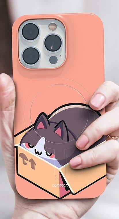 갤럭시S25플러스 SM-S936N 고양이 맥세이프 케이스 벌러덩누웠냥 손에 든 케이스 뒷면의 원형·직선 윤곽